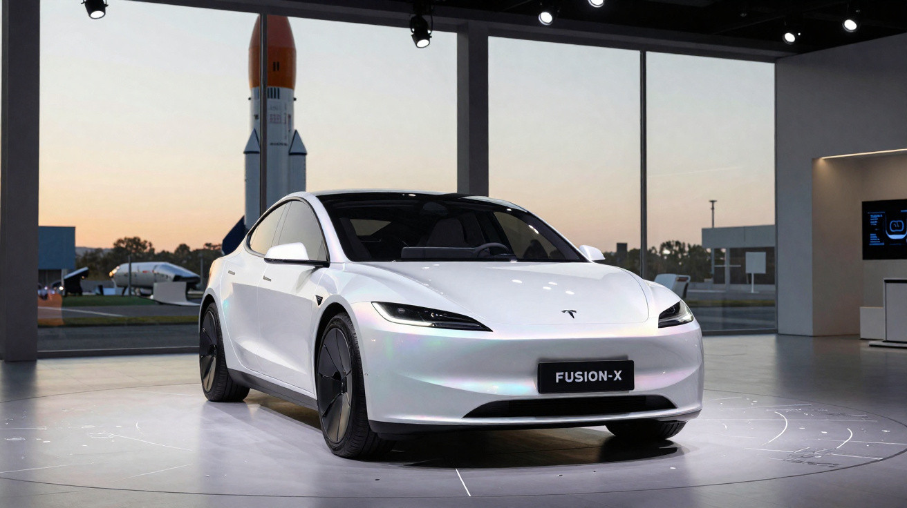 Weißes Tesla Model S Fusion-X Elektroauto vor einer Raumfahrtrakete in einer Ausstellungshalle.