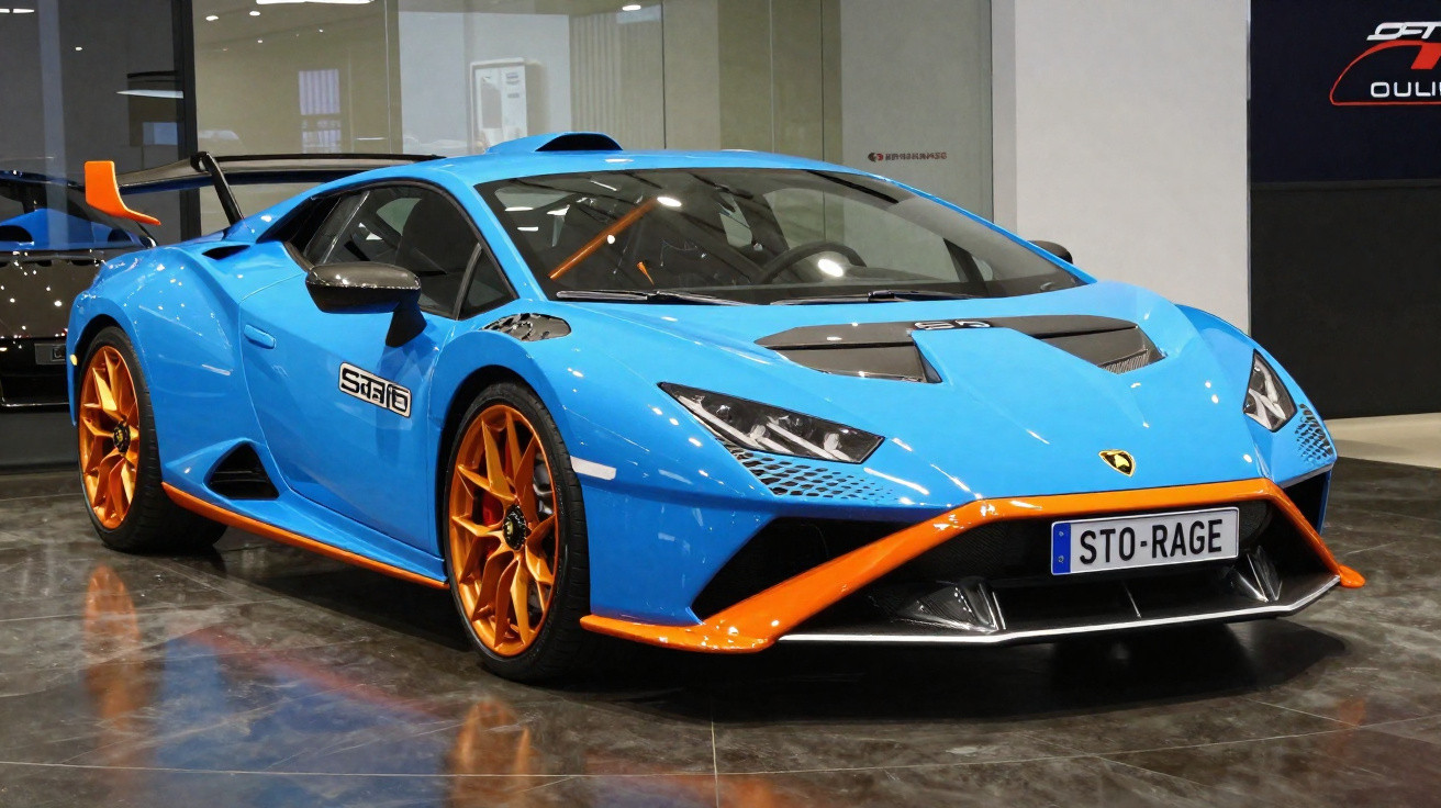 Blau-oranger Lamborghini Supersportwagen mit Typenschild STO-RAGE in Ausstellungsraum.