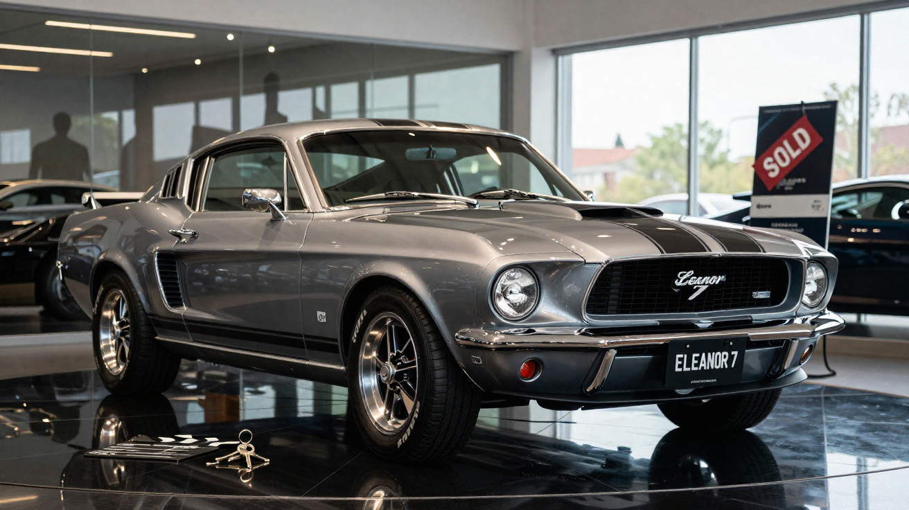 Silberner klassischer Ford Mustang Eleanor 7 in einem modernen Autohaus mit verkaufsschild im Hintergrund.