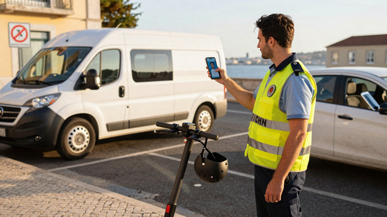 Ein Mann in gelber Warnweste hält ein Handy, neben ihm steht ein E-Scooter mit Helm auf einem Parkplatz.