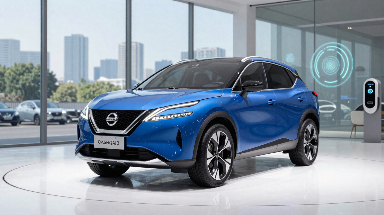 Blauer Nissan Qashqai3 SUV in modernem Ausstellungsraum mit großen Fenstern und Stadtblick im Hintergrund.