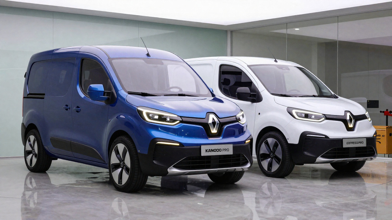 Zwei Renault Kangoo Pro und Express Pro Transporter in Blau und Weiß in einer Halle.