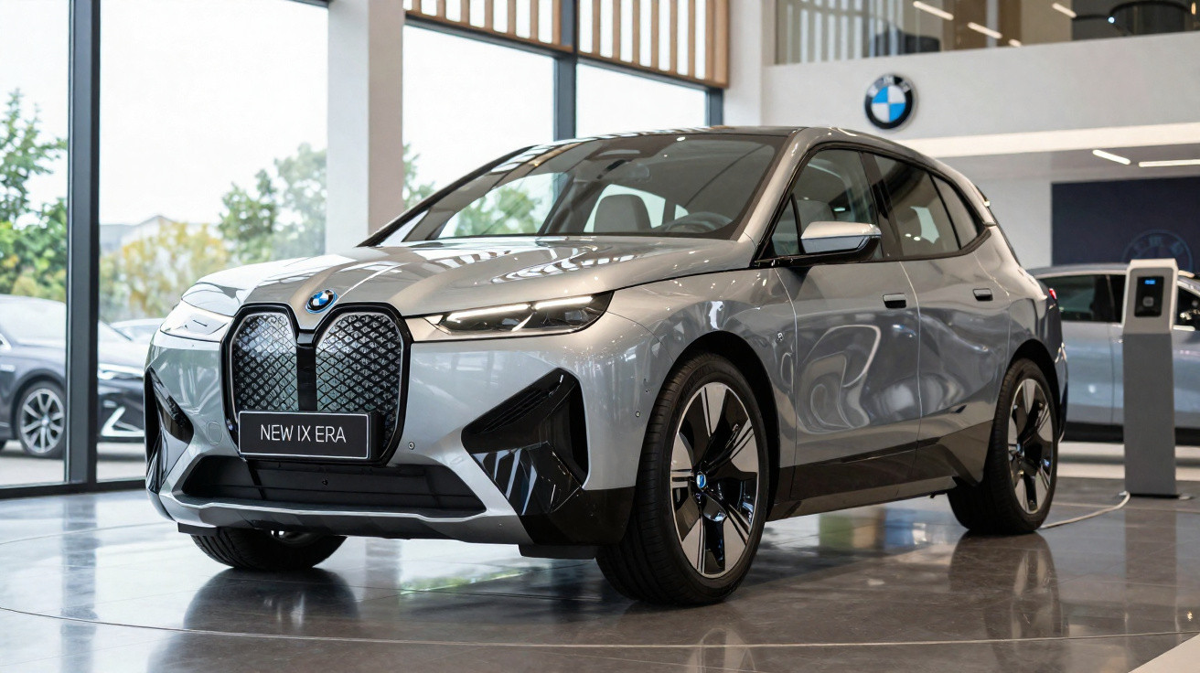 Silberner BMW iX Elektro-SUV im Showroom mit markantem Frontgrill und moderner LED-Beleuchtung.