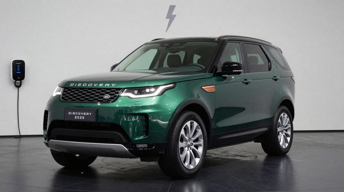 Grüner Land Rover Discovery 2025 SUV an Ladestation in hellem Raum mit Blitzsymbol an der Wand.