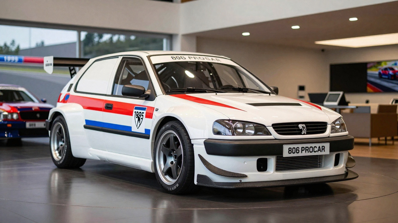 Weißer Peugeot 806 Procar Rennwagen mit roten und blauen Streifen in moderner Ausstellungshalle.
