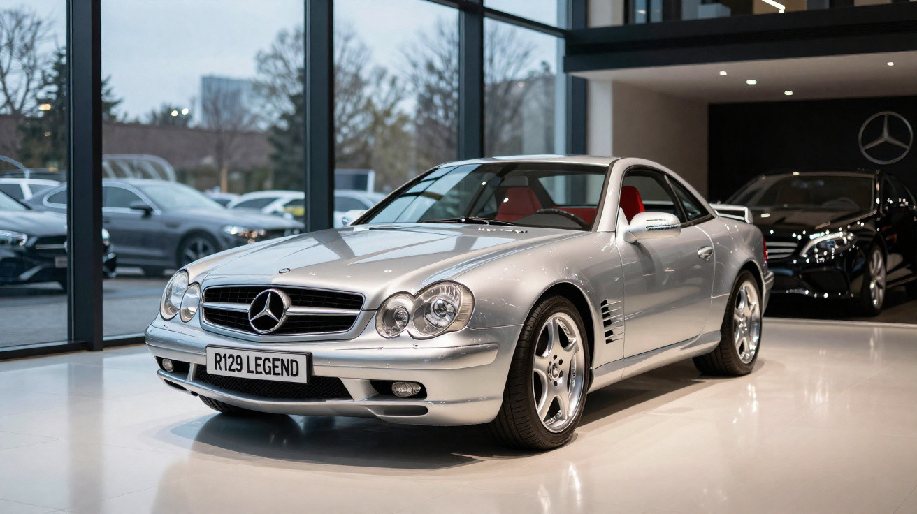 Silberner Mercedes-Benz R129 Legend Cabrio mit rotem Innenraum in einem modernen Autohaus.