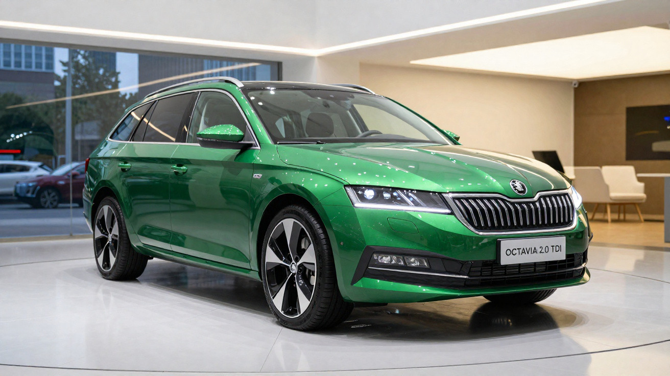 Grüner Skoda Octavia 2.0 TDI Kombi im Autohaus auf weißem Boden vor großen Fenstern und moderner Einrichtung.