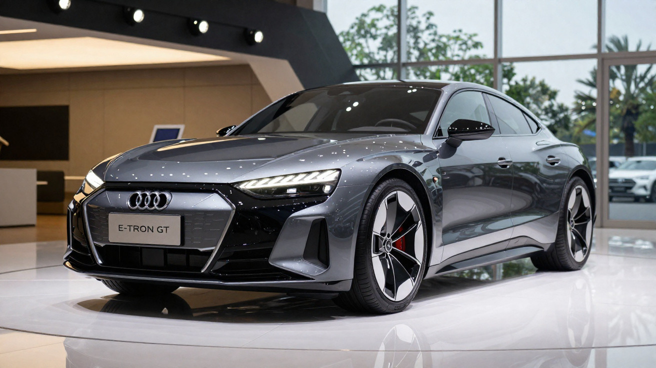Grauer Audi E-Tron GT Sportwagen steht in modernem Showroom mit großen Fenstern und Beleuchtung.