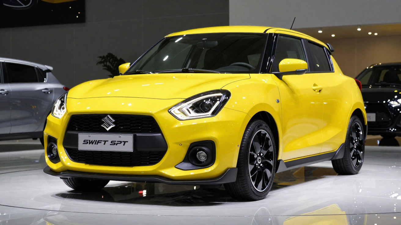 Gelber Suzuki Swift SPT Kleinwagen auf einer Messe mit schwarzem Kühlergrill und Felgen, Frontansicht.