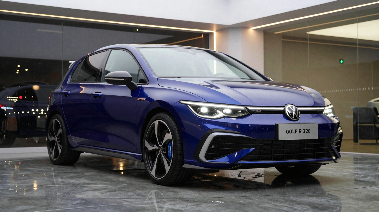 Blaues Volkswagen Golf R 320 Modell, frontal seitlich im Showroom mit moderner Beleuchtung.