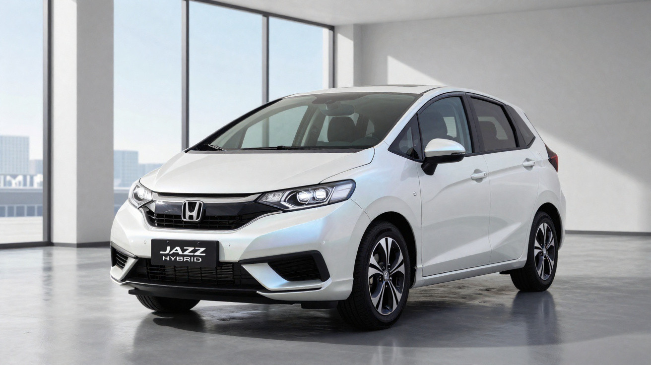 Weißer Honda Jazz Hybrid Kleinwagen, geparkt in hellem, modernem Innenraum mit großen Fenstern.