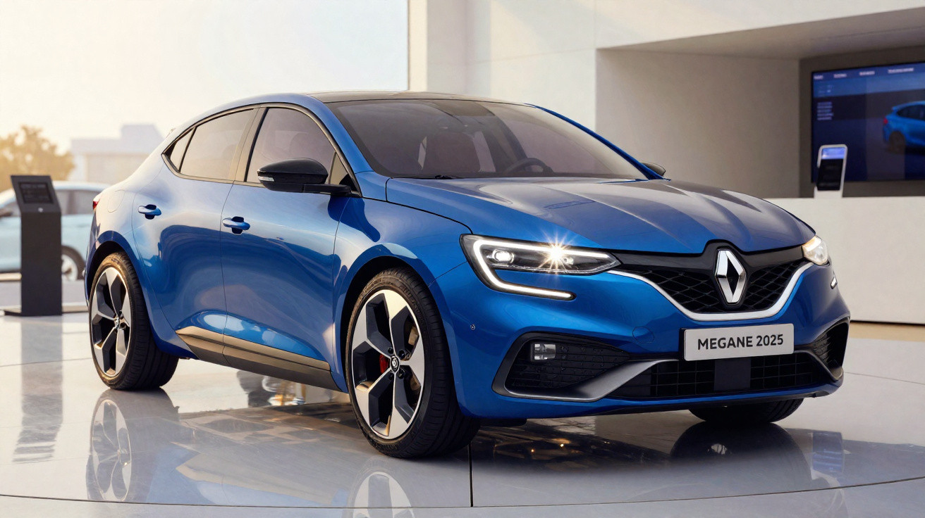 Blauer Renault Megane 2025, geparkt im Showroom mit eingeschaltetem LED-Scheinwerfer.