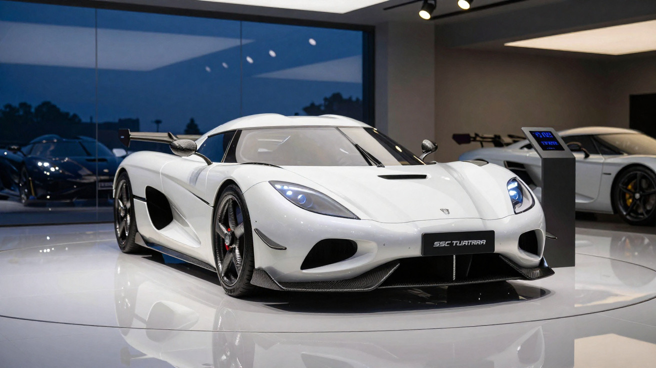 Weißer SSC Tuatara Supersportwagen in moderner Ausstellungshalle mit reflektierendem Boden