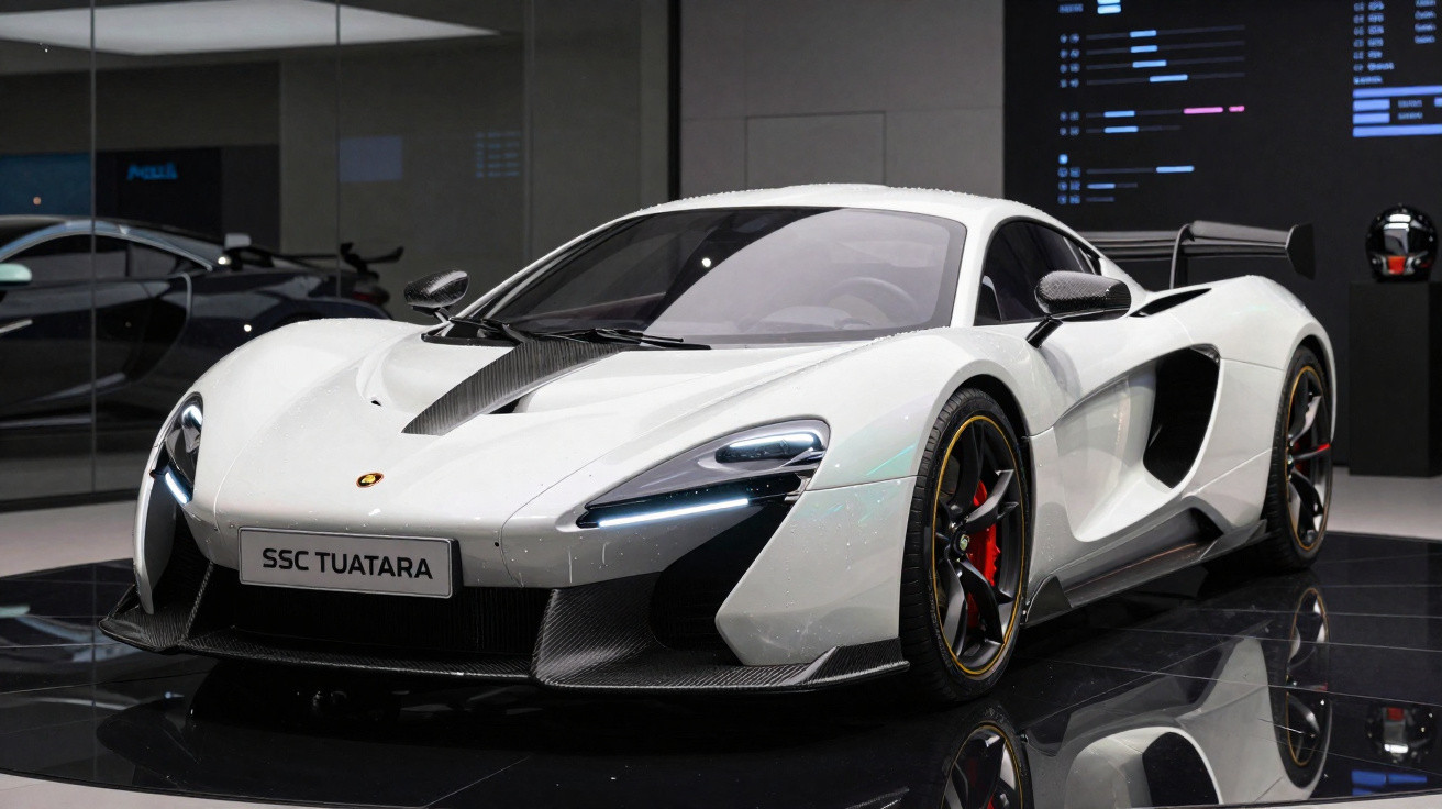 Weißer SSC Tuatara Supersportwagen in moderner Ausstellung mit Spiegelungen auf glänzendem Boden.