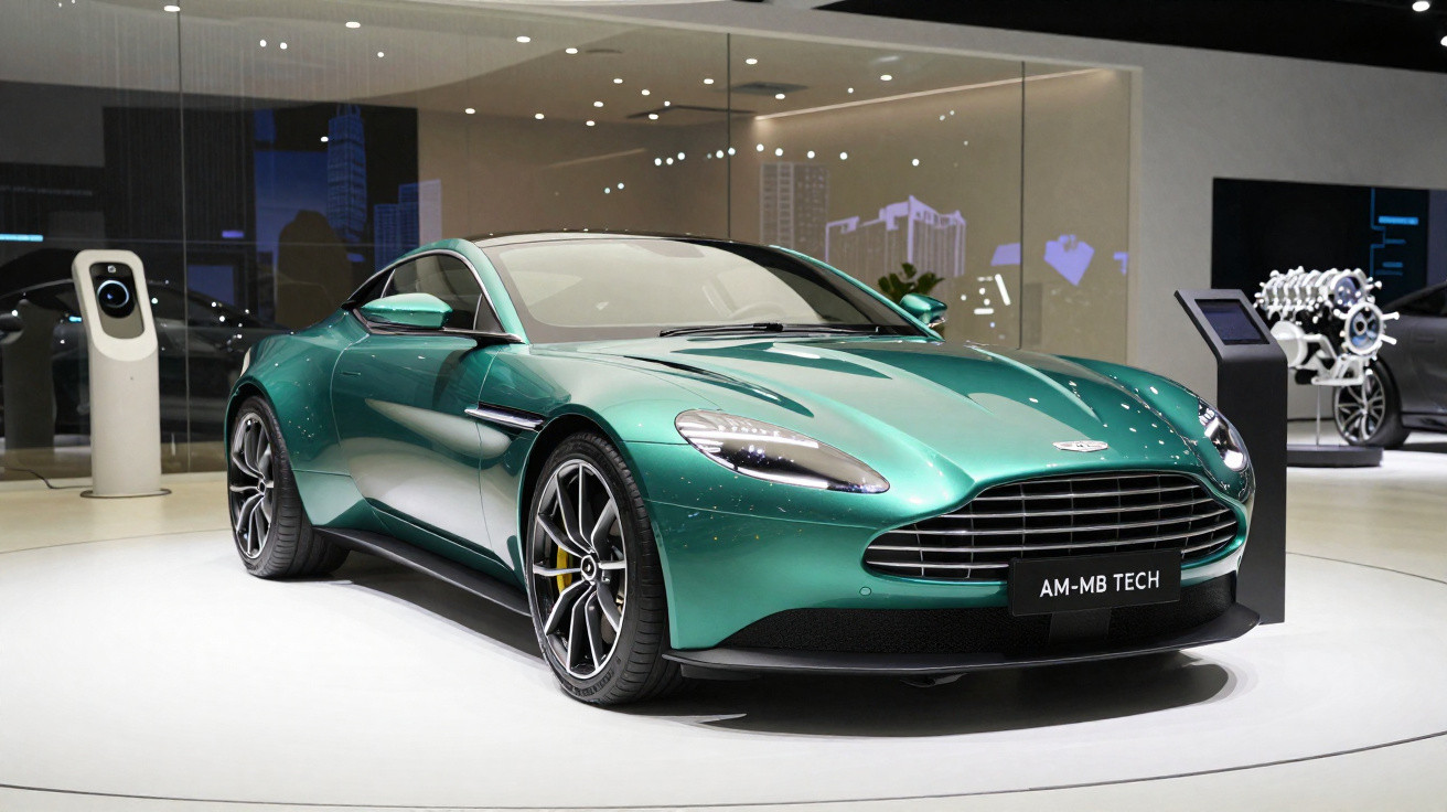 Grüner Aston Martin Sportwagen auf Ausstellungsfläche in modernem Showroom mit Beleuchtung.