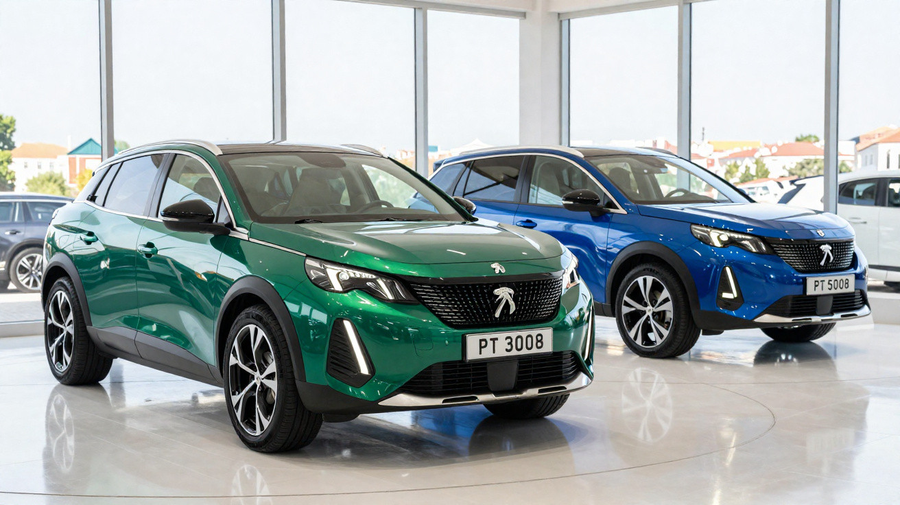 Zwei neue Peugeot SUV-Modelle in Grün und Blau in einem hellen Autohaus mit großen Fenstern.