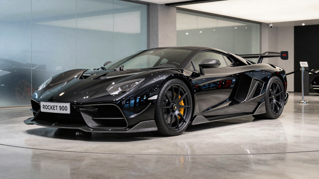 Schwarzer Lamborghini Rocket 900 Supersportwagen in modernem Showroom mit glänzendem Lack und gelben Bremsen.