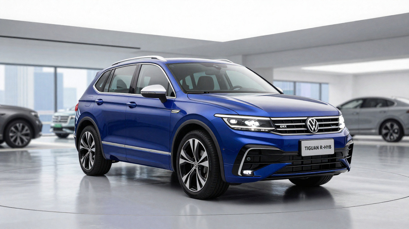 Blauer Volkswagen Tiguan R-Hybrid SUV in einer modernen, hellen Ausstellungshalle.