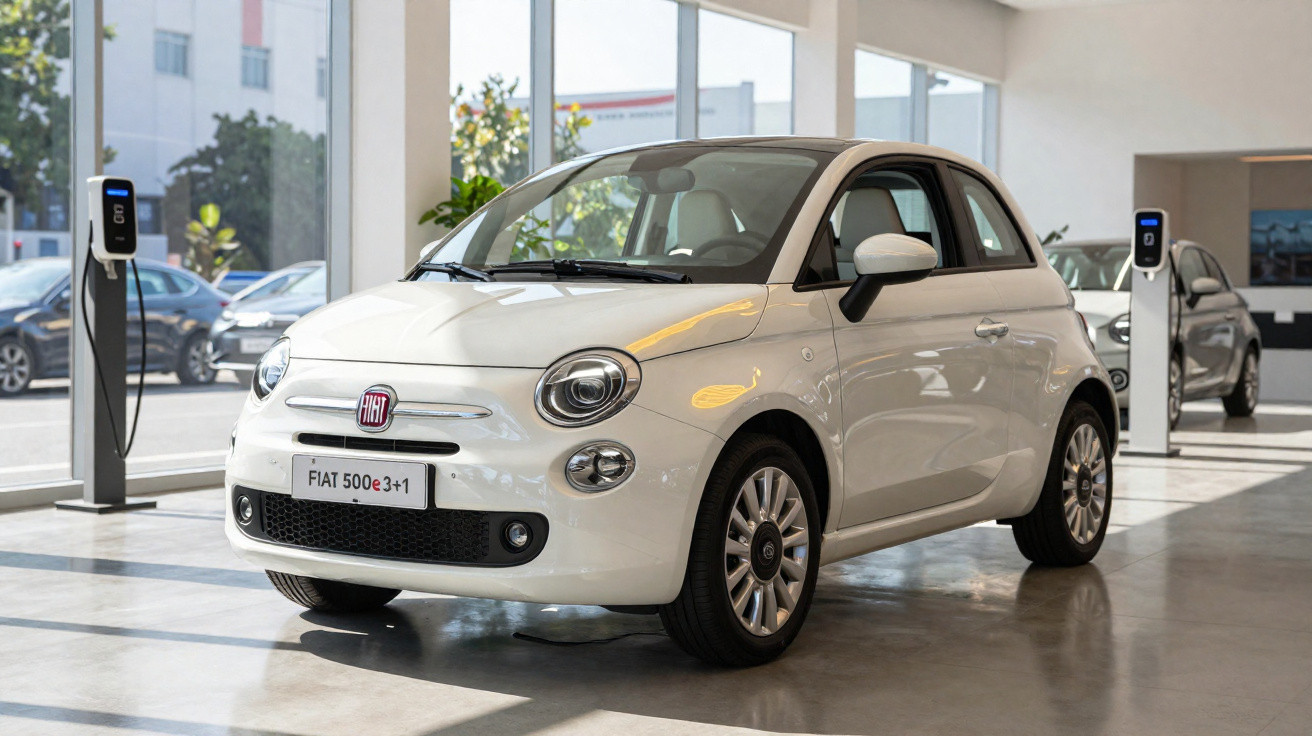 Weißer Fiat 500 Elektroauto im Showroom, umgeben von Ladestationen und großen Fenstern.
