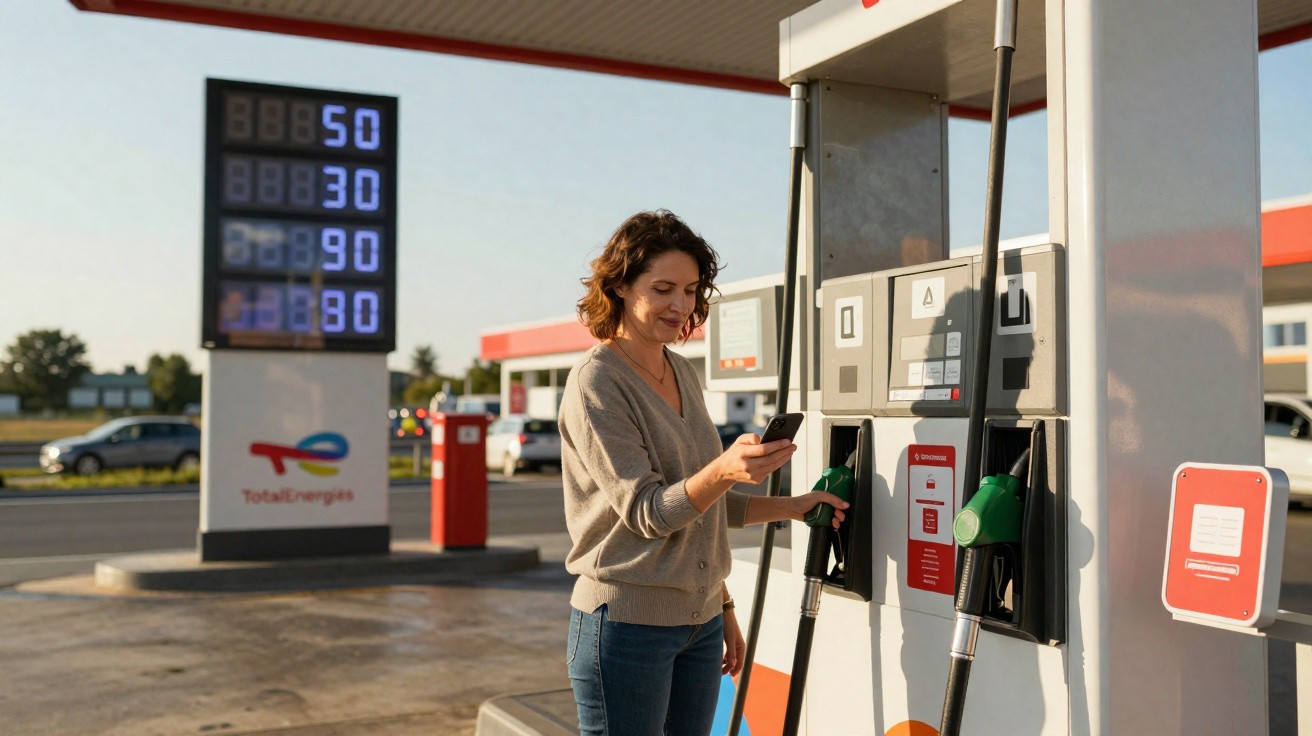 Frau tankt Auto an Zapfsäule einer TotalEnergies Tankstelle und schaut auf ihr Smartphone.