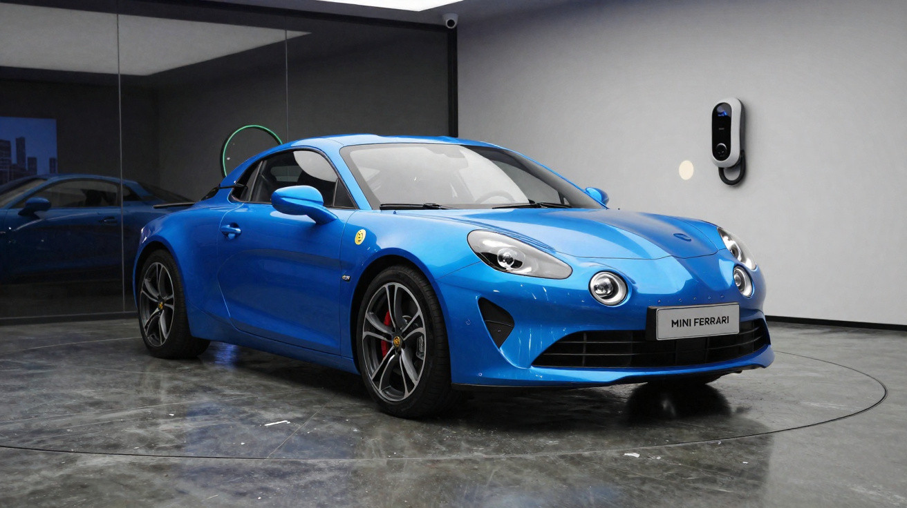 Blauer Sportwagen in modernem Ausstellungsraum mit Ladestation an der Wand und glänzendem Boden.