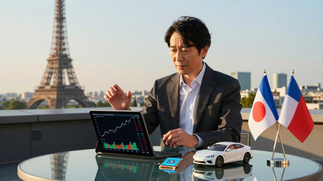 Mann vor Eiffelturm analysiert Börsendaten auf Tablet, daneben Miniaturauto und Japan- sowie Frankreichflagge.