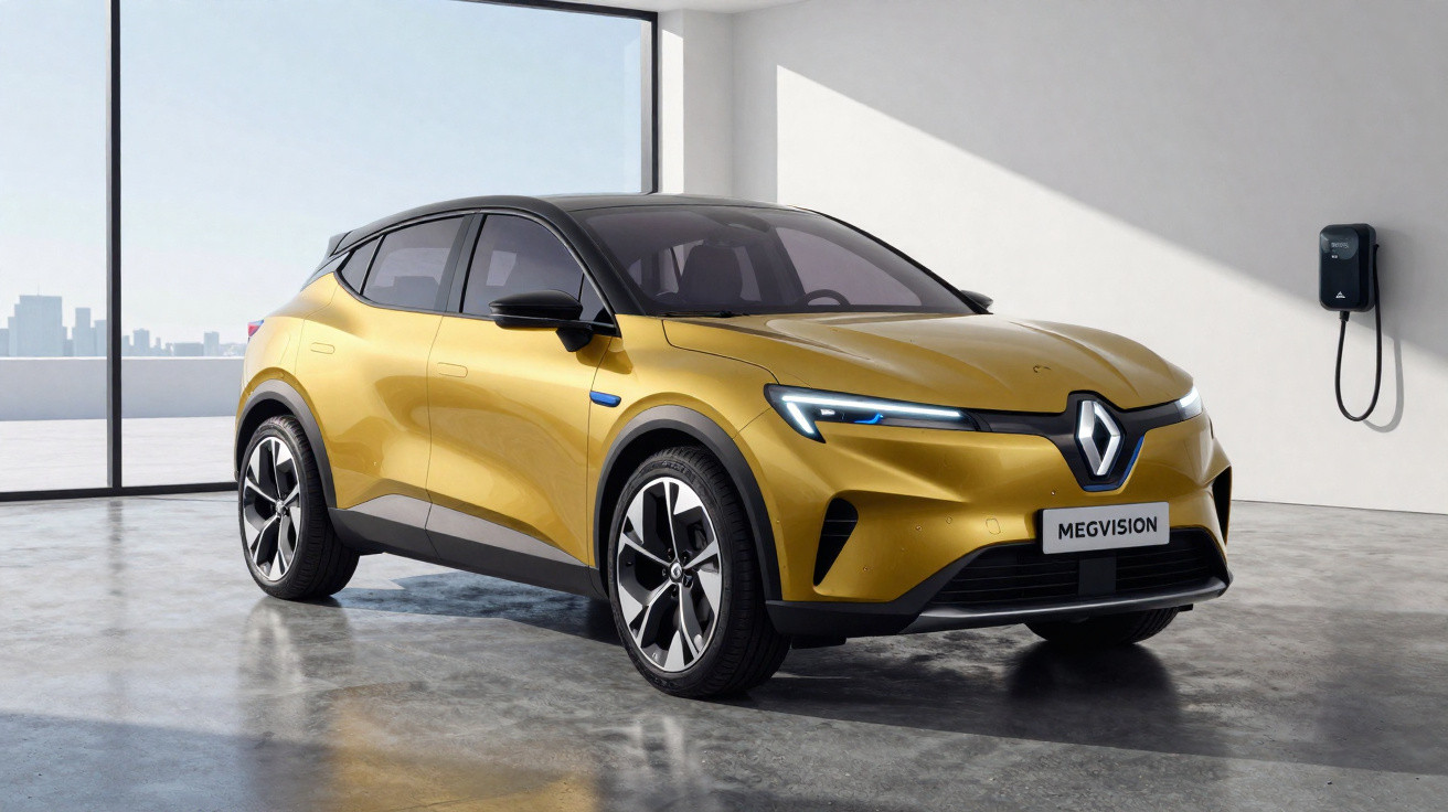 Goldener Renault Megane E-Tech Megavision Elektro-SUV in hellem Showroom mit Ladestation an der Wand.