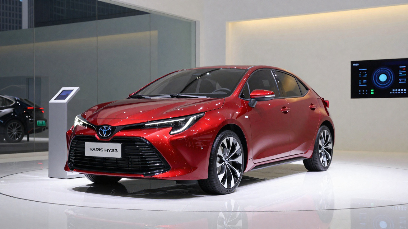 Roter Toyota Yaris HY23 auf Plattform in modernem Ausstellungsraum mit digitalem Display an der Wand.