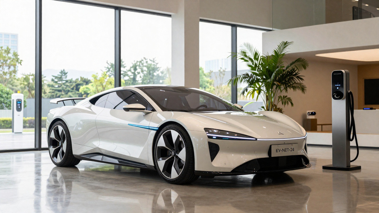 Weißes Elektroauto steht an Ladestation in modernem, hellem Showroom mit großen Fenstern und Pflanzen.
