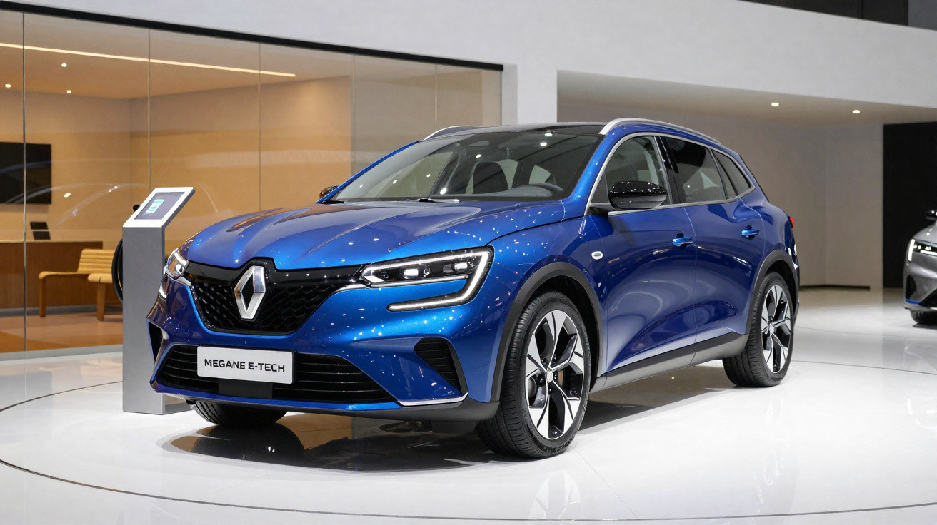 Blauer Renault Megane E-Tech Stehendes Elektroauto in modernem Showroom mit Glaswänden und heller Beleuchtung.