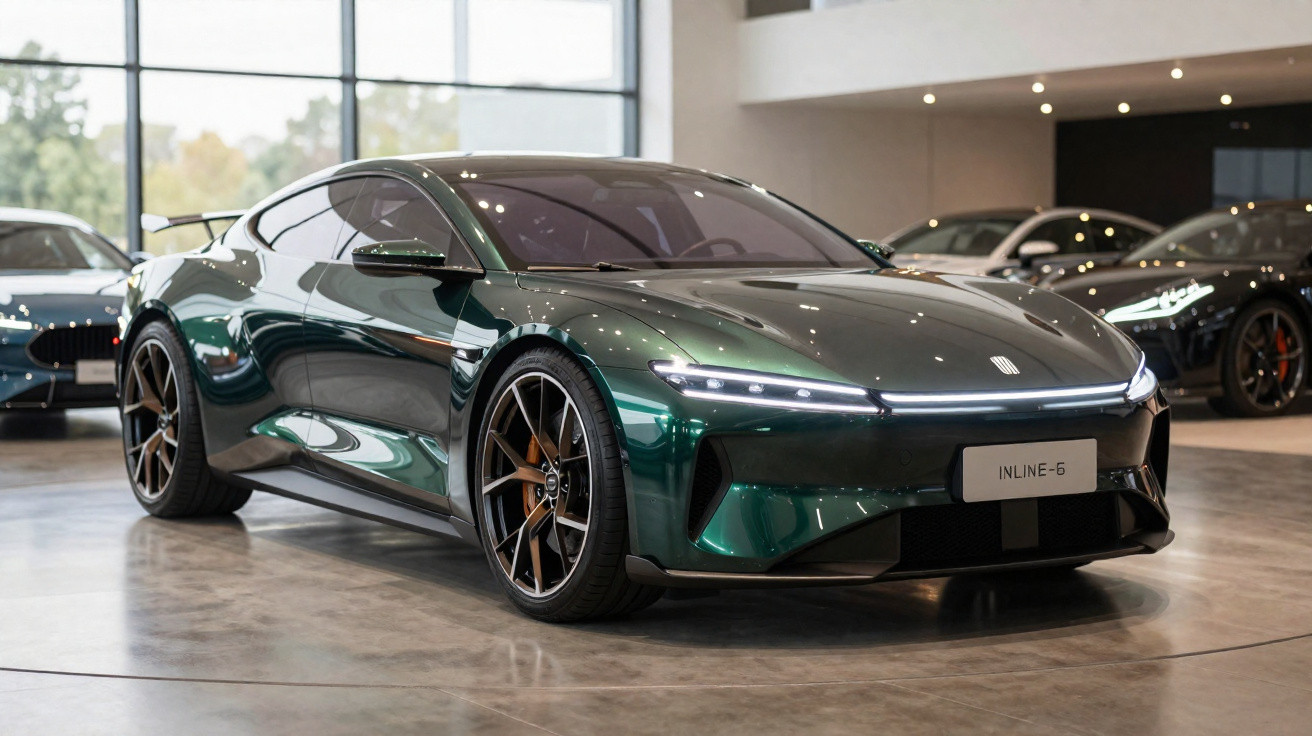 Grünes Sportcoupé mit LED-Scheinwerfern und breiten Felgen in hellem, modernem Showroom.
