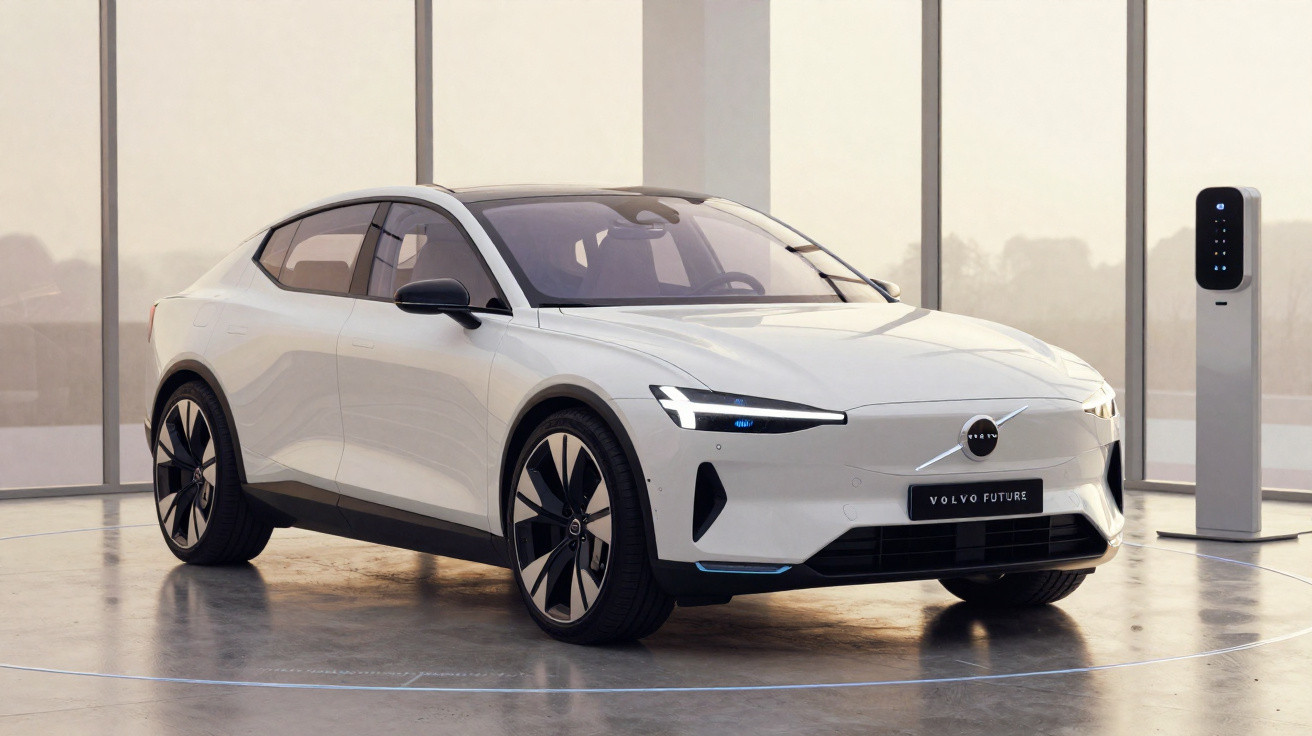 Weißer Volvo Elektroauto vor Ladestation in modernem Showroom mit großen Fenstern.