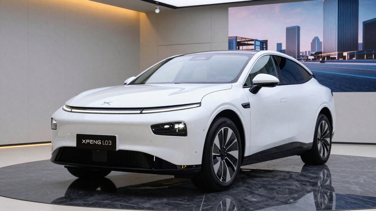 Weißes Elektroauto XPENG L03 in modernem Showroom mit städtischem Hintergrund auf Bildschirm.