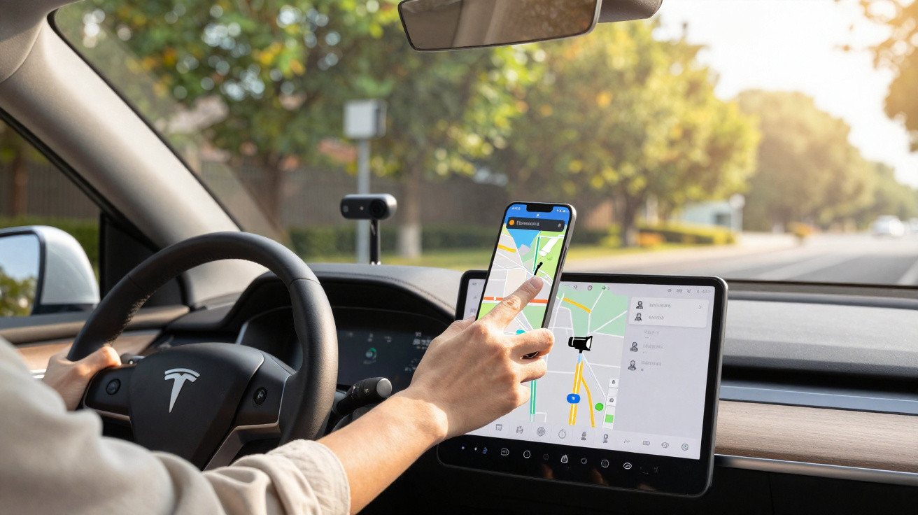 Hand bedient Navigations-App auf Smartphone im Tesla mit eingebautem Navigationsdisplay bei Tageslicht.