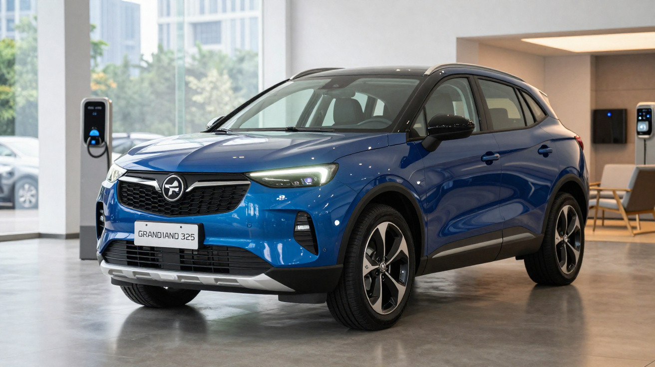 Blauer Opel Grandland 325 SUV in einem modernen Showroom mit Elektro-Ladestationen im Hintergrund.