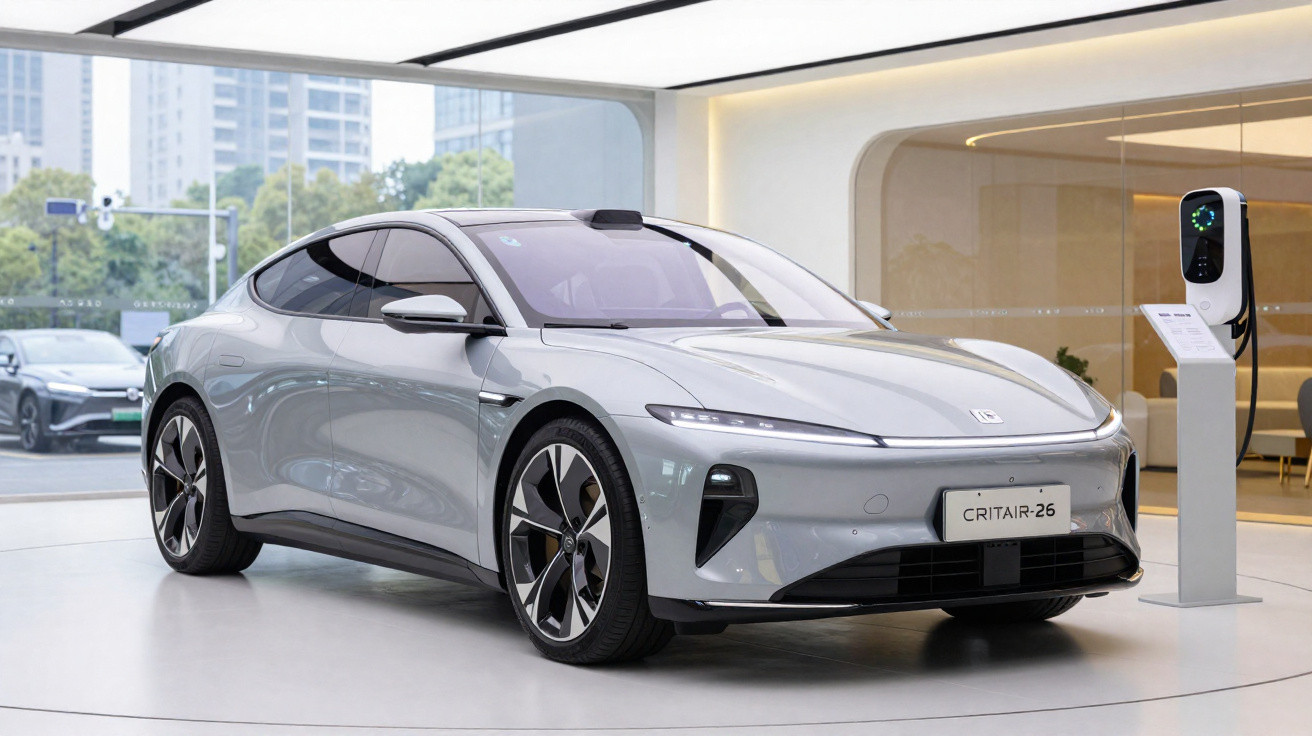 Silberner Elektroauto-Pkw CRITAIR-26 in modernem Showroom neben Ladestation.