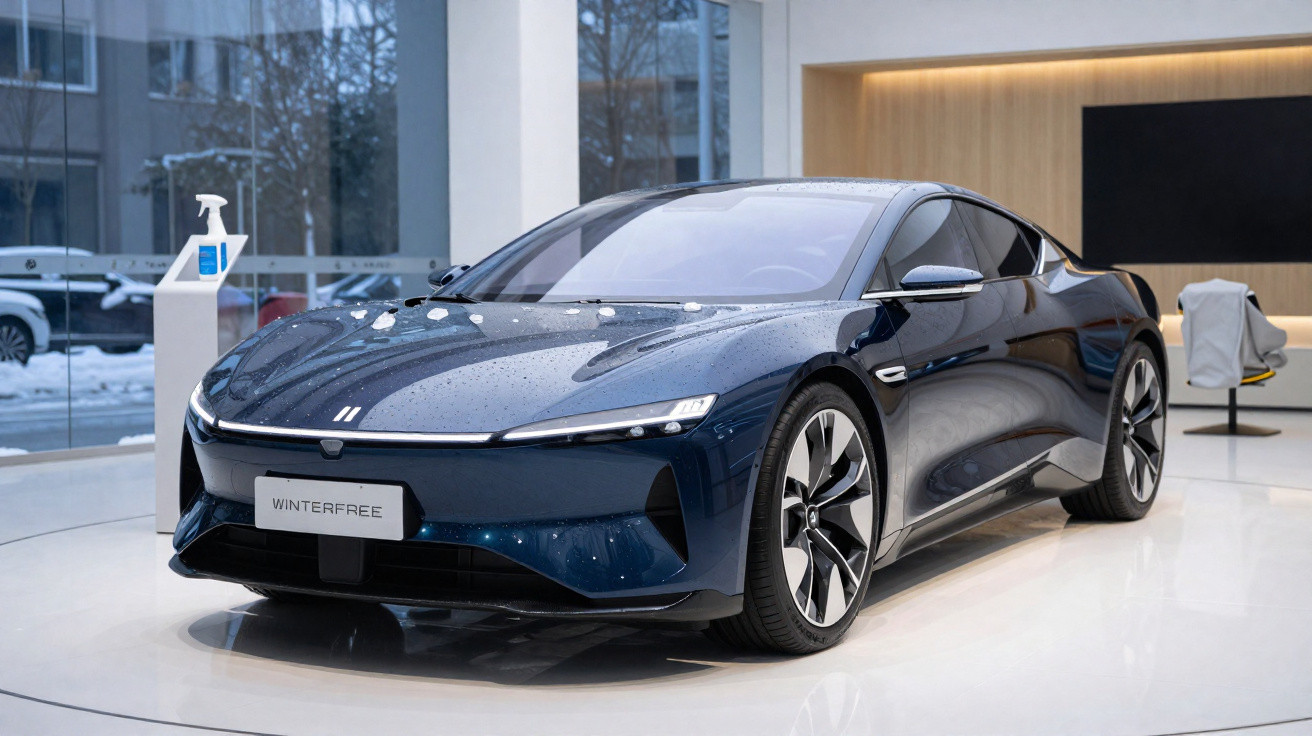 Blau lackiertes Elektroauto Winterfree mit modernen LED-Scheinwerfern in hellem Showroom bei regnerischem Wetter.