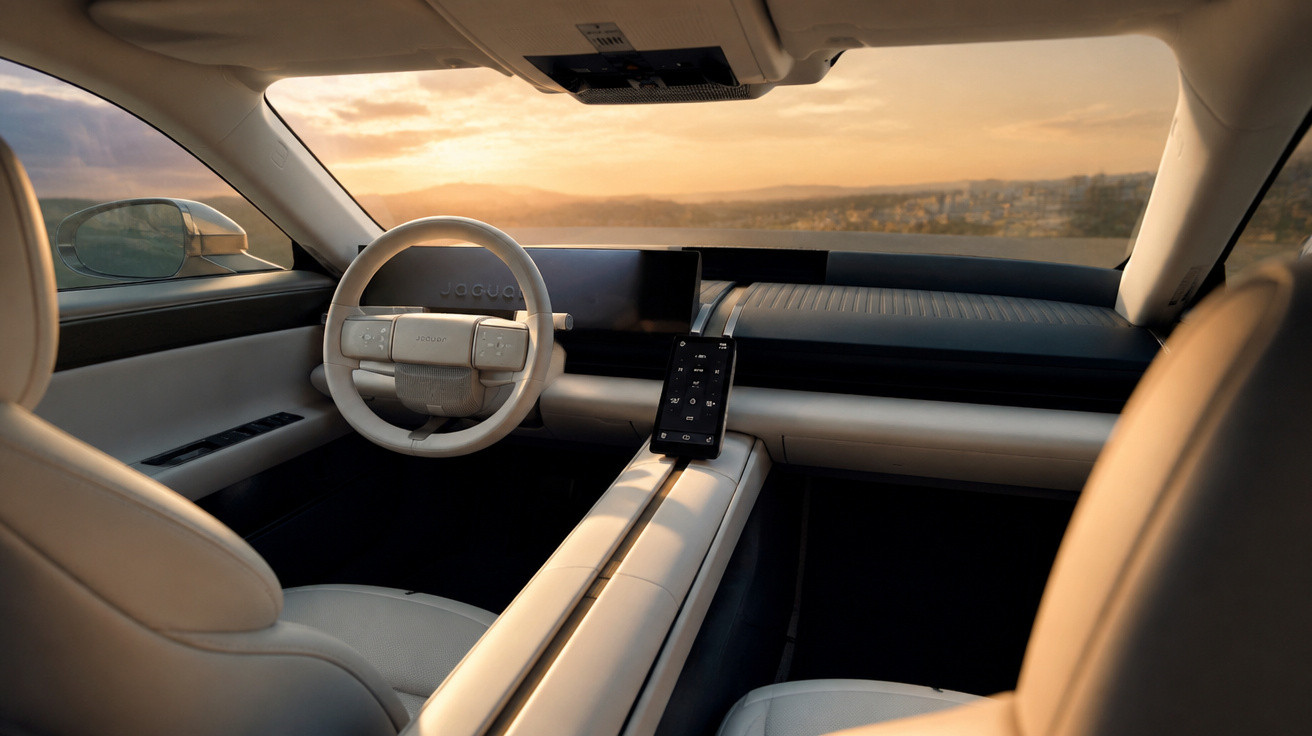 Innenraum eines modernen Elektroautos mit beige Lederachsen und digitalem Armaturenbrett bei Sonnenuntergang.