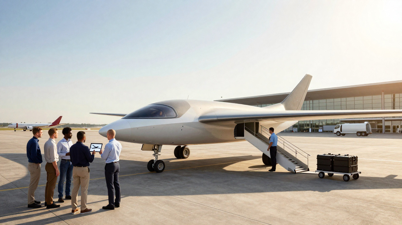 Geschäftsleute besprechen vor einem modernen Privatjet am Flughafen das Flugzeugkonzept.