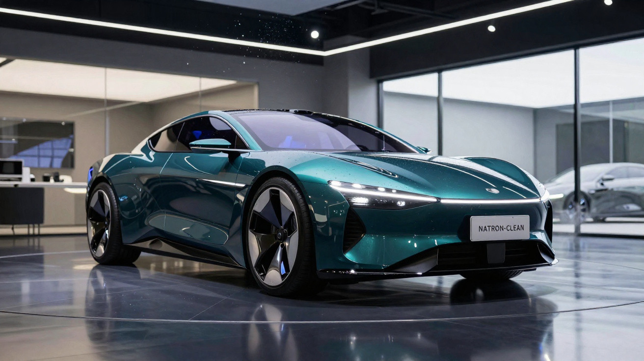 Sportlicher, grüner Elektrosportwagen Natron Clean in modernem Ausstellungsraum mit reflektierendem Boden.