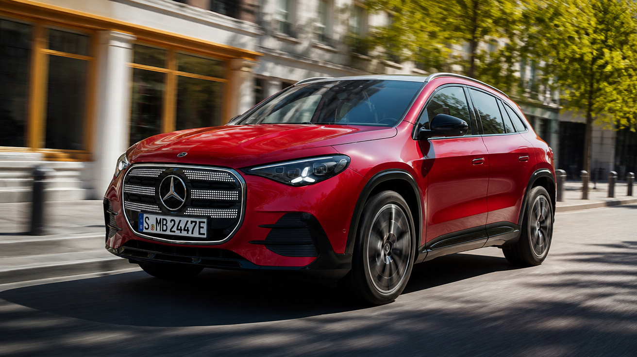 Rotes Mercedes-Benz Elektro-SUV fährt auf einer urbanen Straße bei Tageslicht.