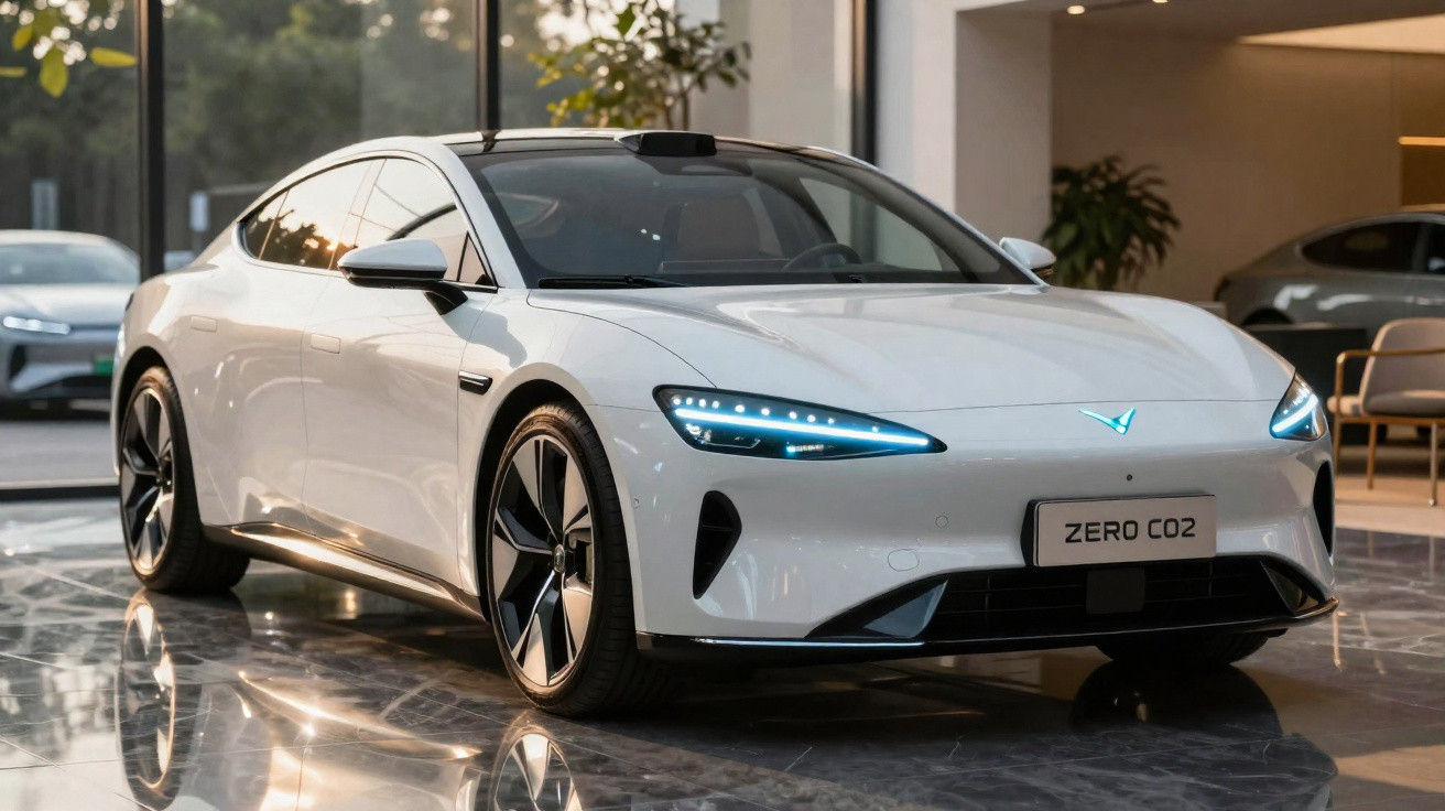 Weißes Elektroauto mit LED-Scheinwerfern und „ZERO CO2“-Kennzeichen in modernem Showroom.
