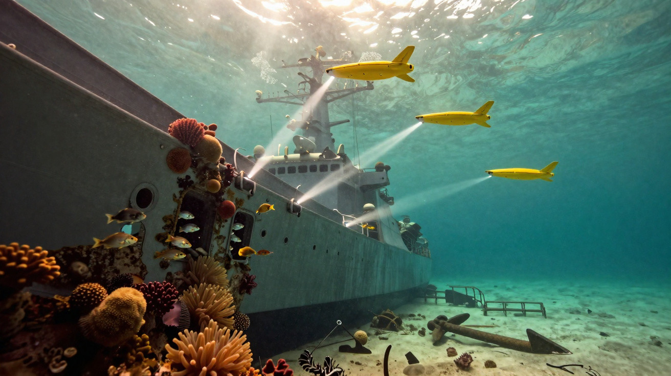 Unterwasseraufnahme eines Korallenbewachsenen Schiffswracks mit gelben ferngesteuerten Tauchrobotern.