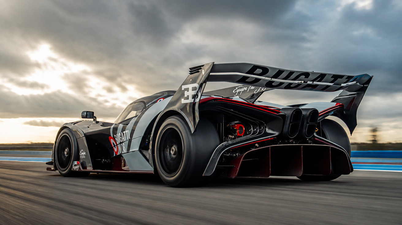 Schwarzes Bugatti Concept-Rennwagen mit großem Heckspoiler auf Rennstrecke bei bewölktem Himmel.
