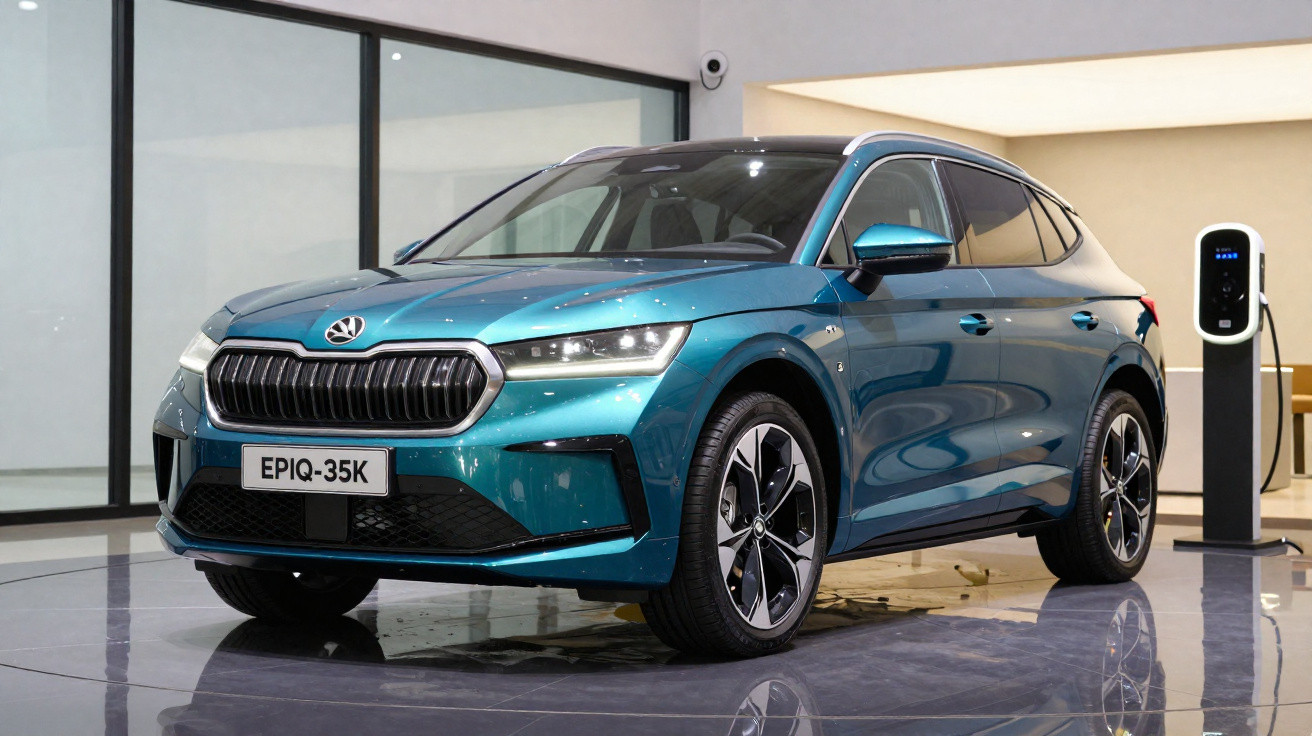 Blaugrüner Škoda EPIQ-35K Elektro-SUV an Ladestation in modernem Innenraum stehend.