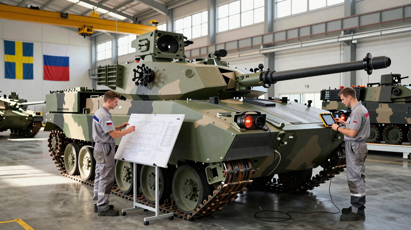 Zwei Techniker prüfen einen gepanzerten Kampfwagen in einer gut beleuchteten Werkshalle mit Flaggen im Hintergrund.