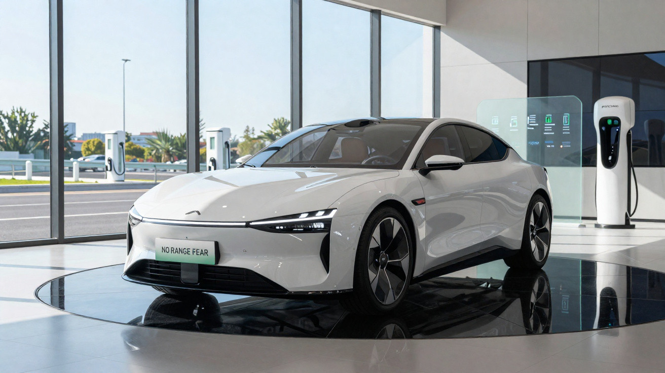 Weißes Elektroauto in modernem Showroom mit Ladestationen und großen Fenstern bei Tageslicht.