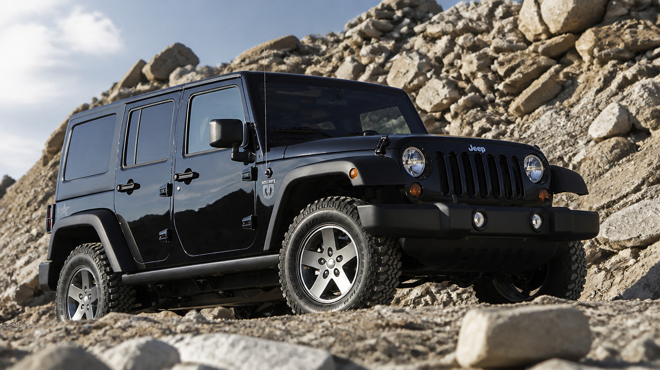 Schwarzer Jeep SUV auf felsigem Gelände vor Felswand und blauem Himmel.