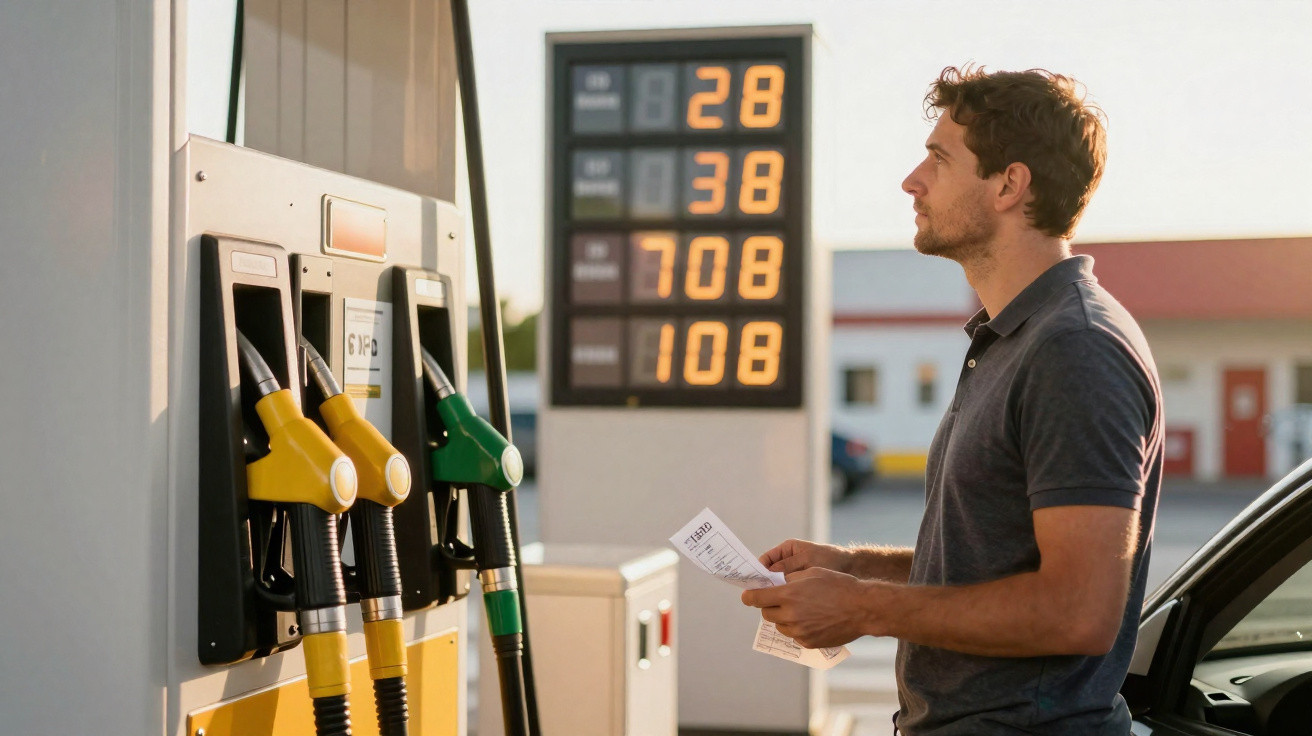 Mann steht an Tankstelle und betrachtet Preistafel mit Benzinpreisen, hält Kassenzettel in der Hand.