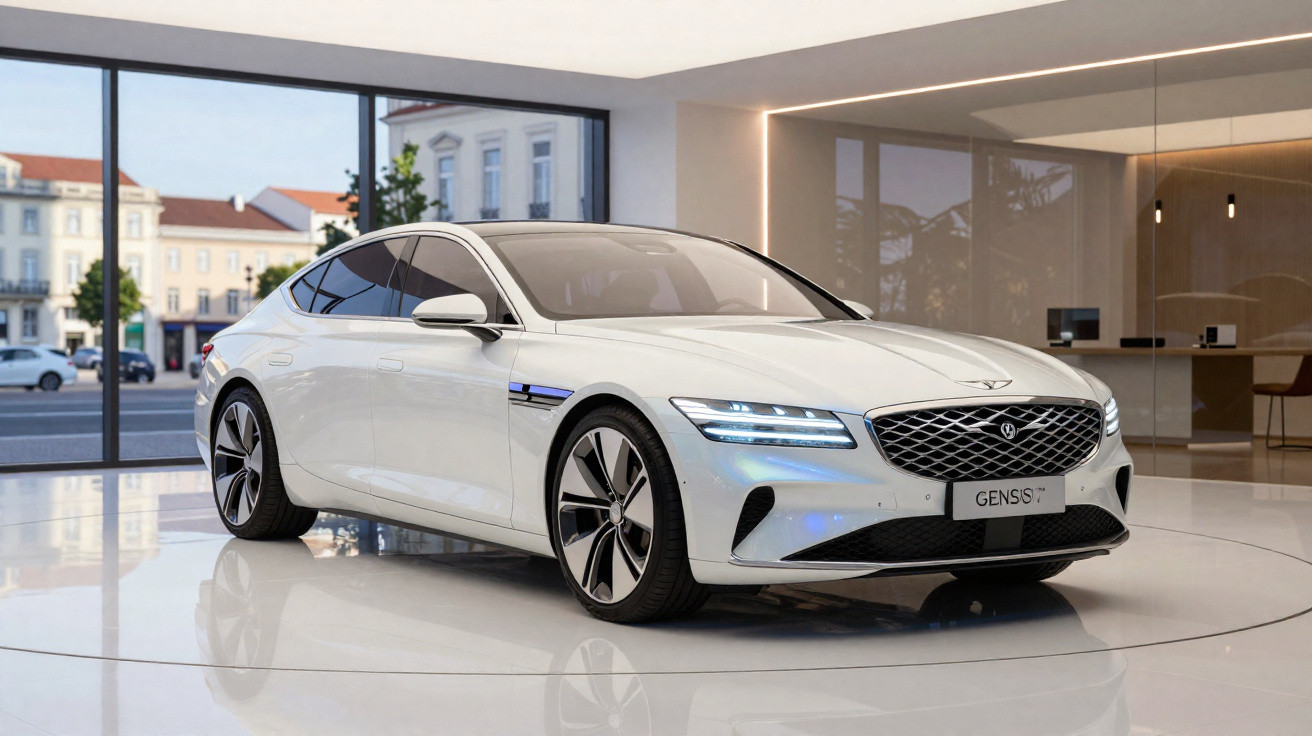 Weißes Luxus-Elektroauto Genesis G80 in modernem Ausstellungsraum mit großen Fenstern und städtischer Kulisse.